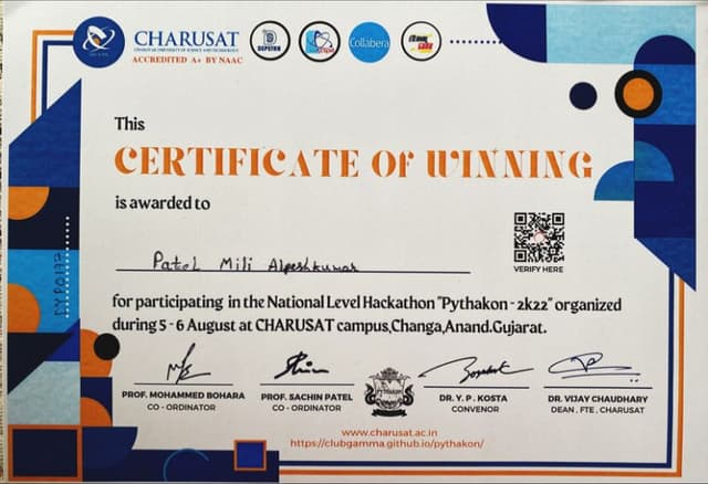 Pythonathon (National Level Hackathon) — Certificate of Winning